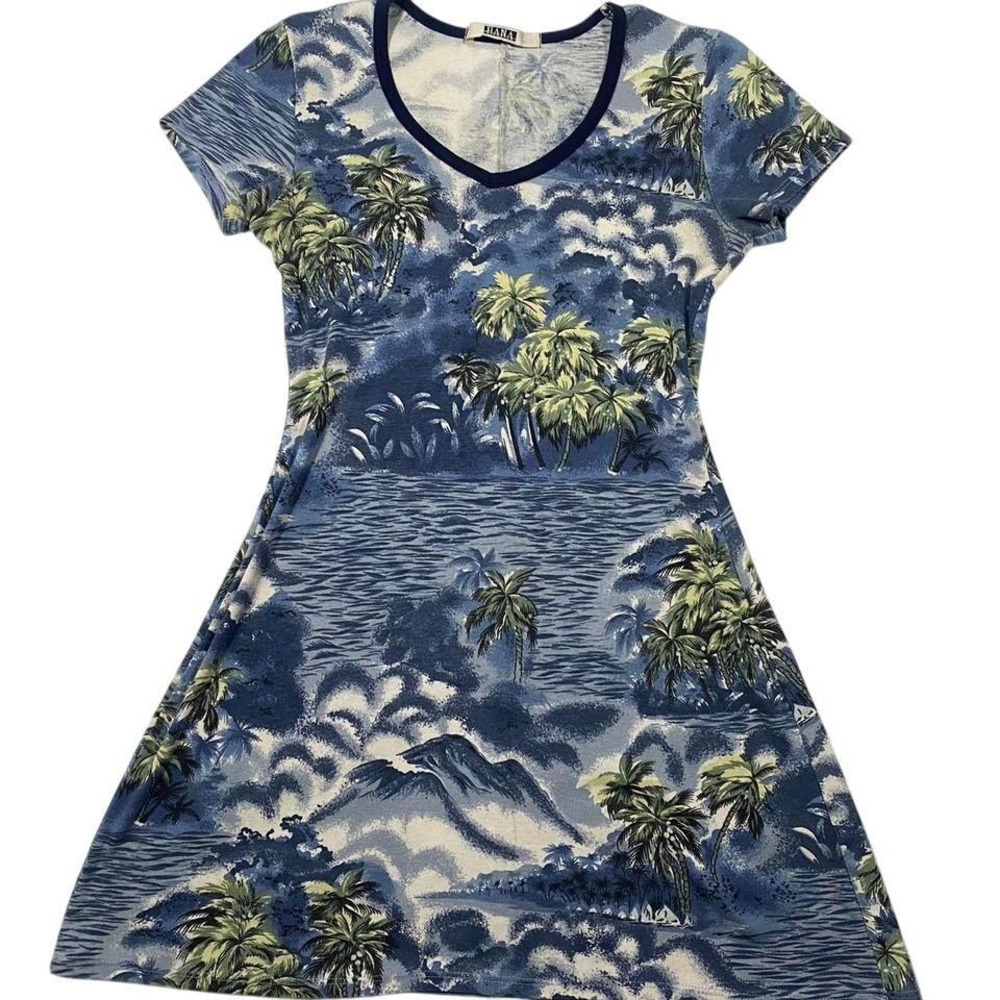 Hana Hawaiian Print Short Sleeve Mini Dress Blue‎ Tropical Vacation